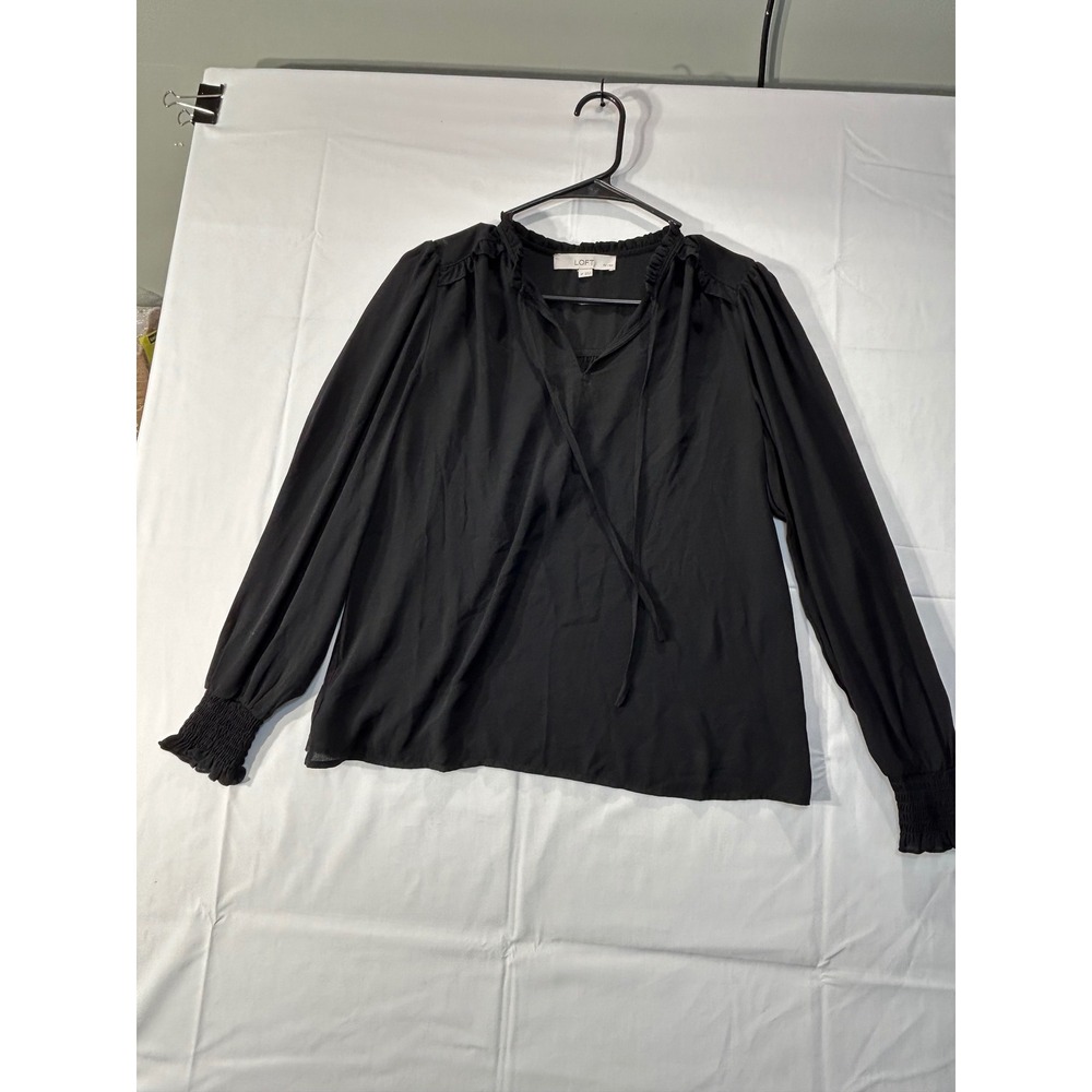 LOFT Petites Black Ruffle Neck Tie Front Blouse Smocked Cuff Top SP
